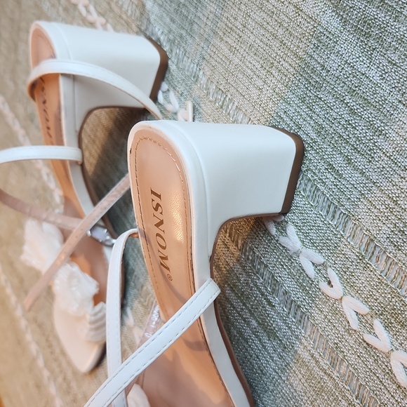 White Bow Knot Chunky Block Heeled Ankle Sandals, Open Toe, 10 - Picture 14 of 16